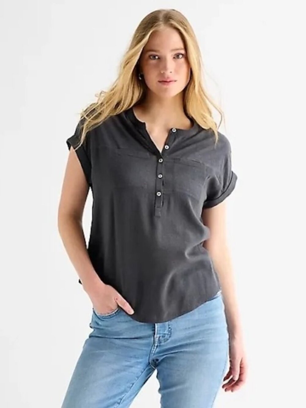 2/$30 Lucky Brand Knit Mix Henley Utility Top Black Medium #A2910